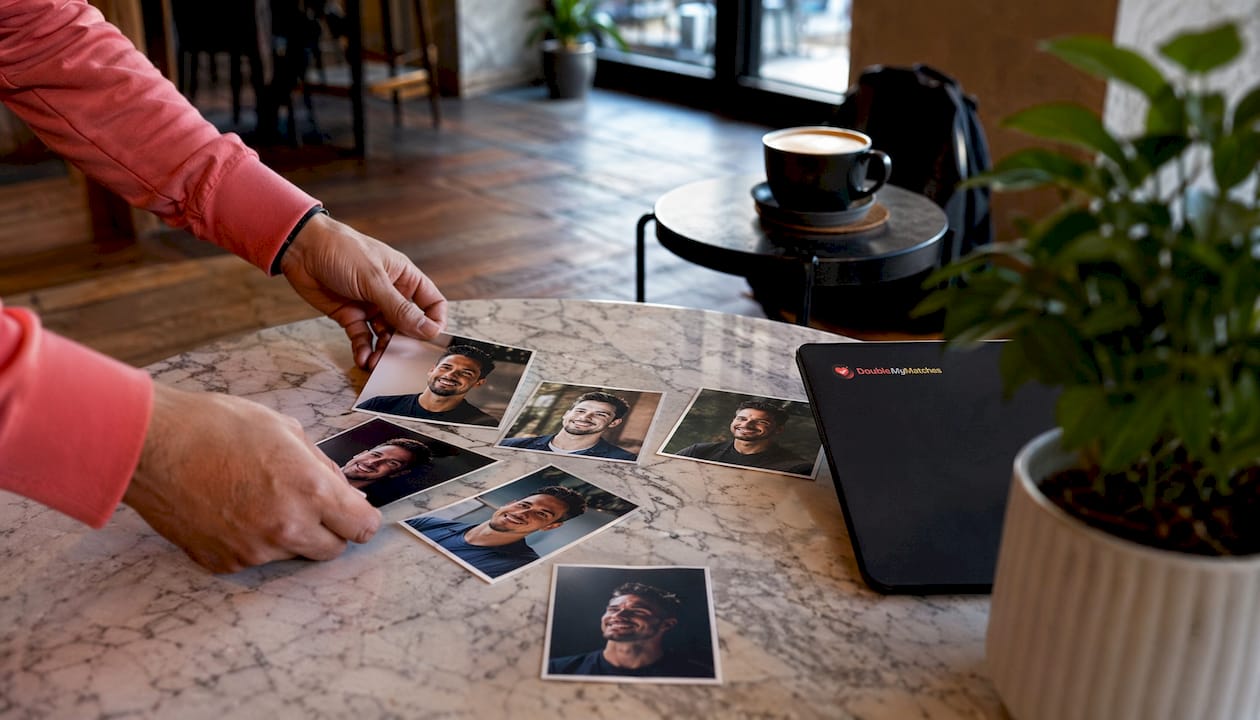 Hands sorting printed dating photos on desk