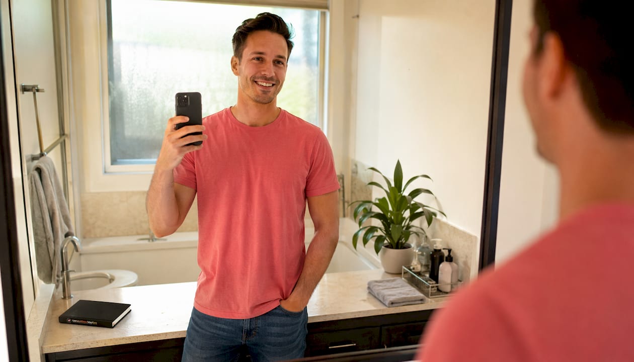 Man taking bathroom mirror selfie with poor lighting