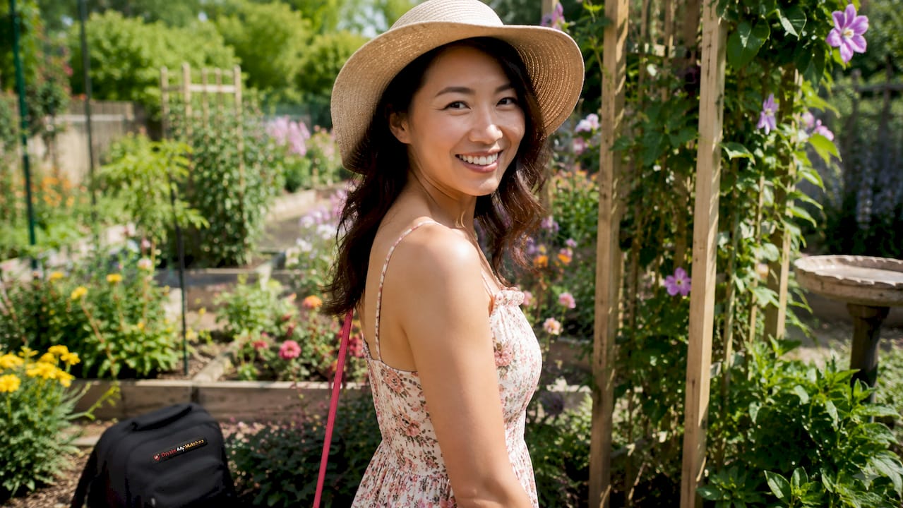 Smiling woman outdoors in sunny park setting