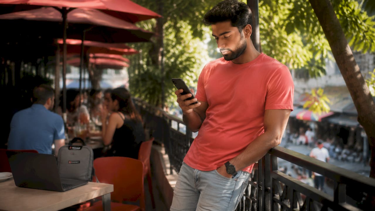 Hands on café table next to smartphone and pastry