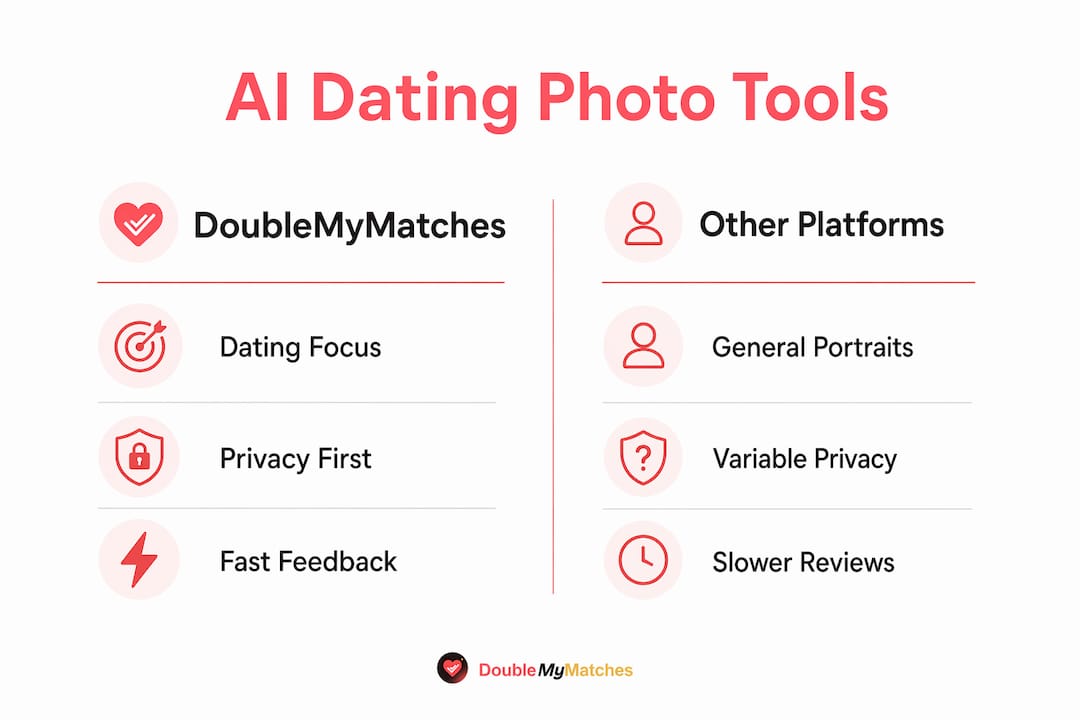 Infographic comparing AI dating photo coaching tools