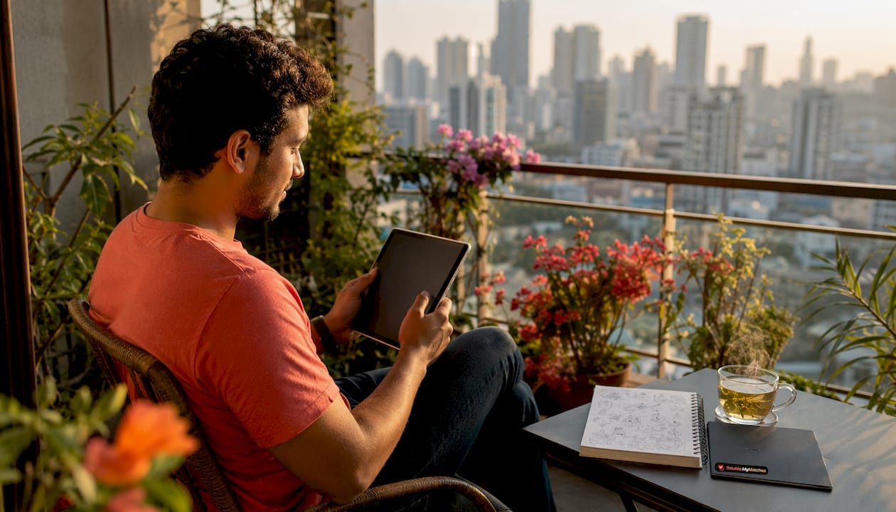 Man using tablet for AI dating photo tools in home office