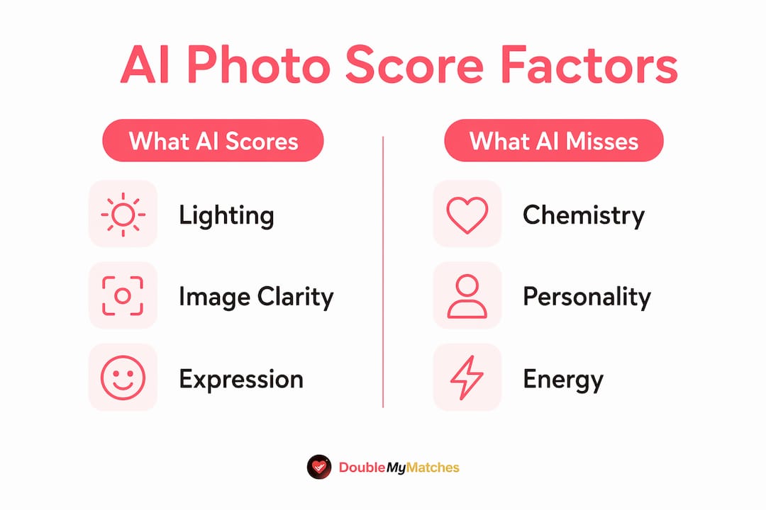 Infographic comparing AI photo score factors and limitations