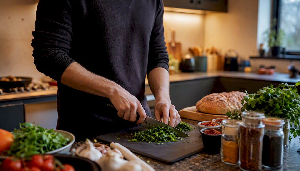 Hands chopping vegetables in kitchen