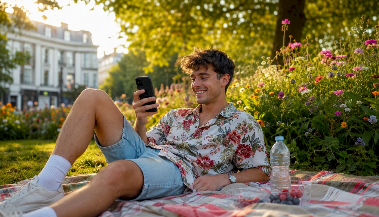 Person checking dating app in park