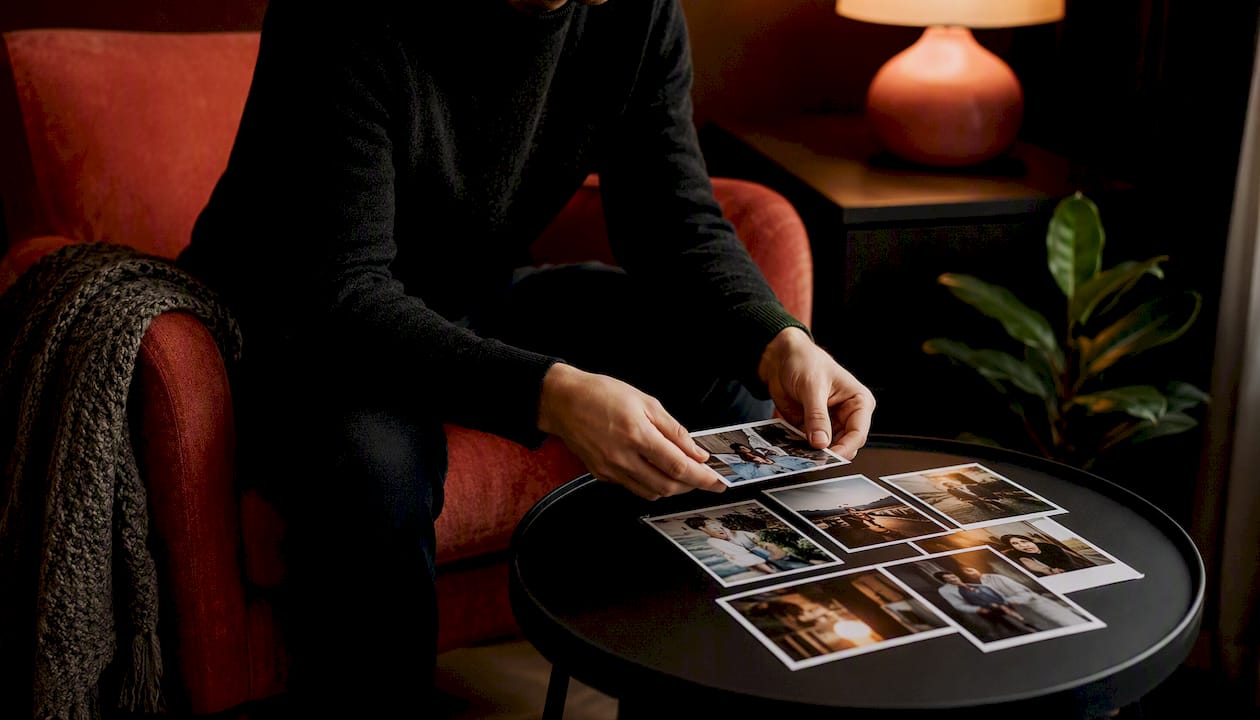 Person adjusting physical photos near lamp