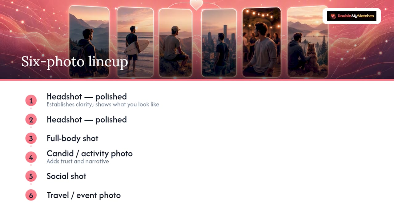 Six categories in a dating profile photo lineup