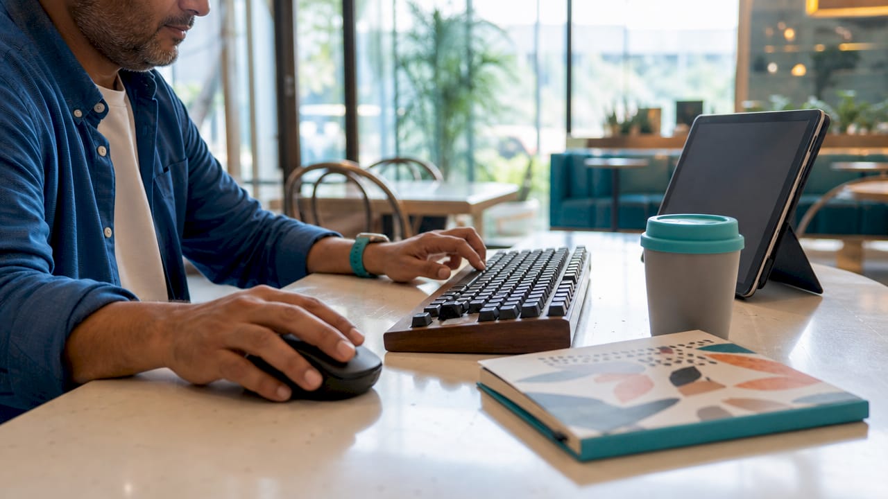 Overhead hands typing on keyboard at desk
