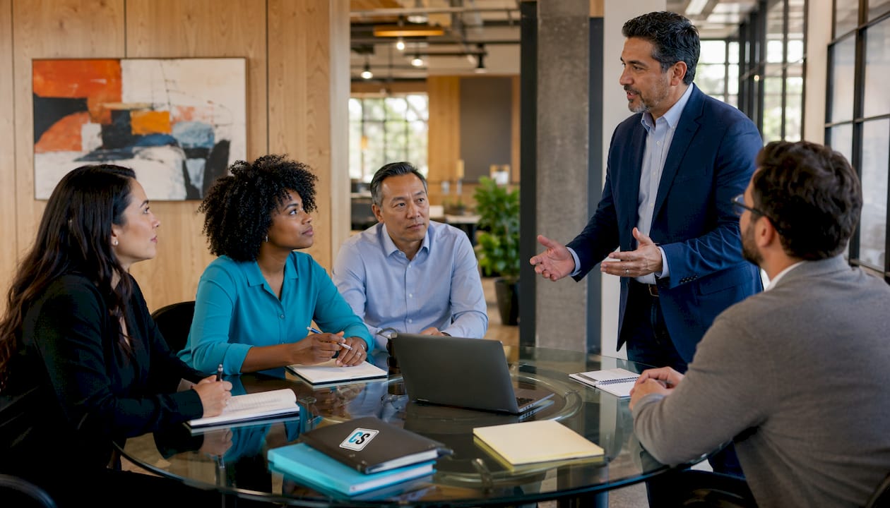 Leadership team in discussion during meeting