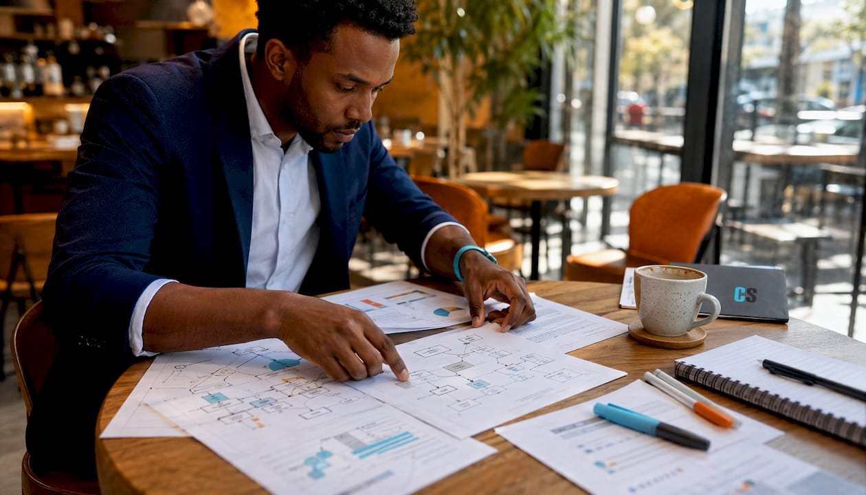 Hands organizing data flowcharts on table