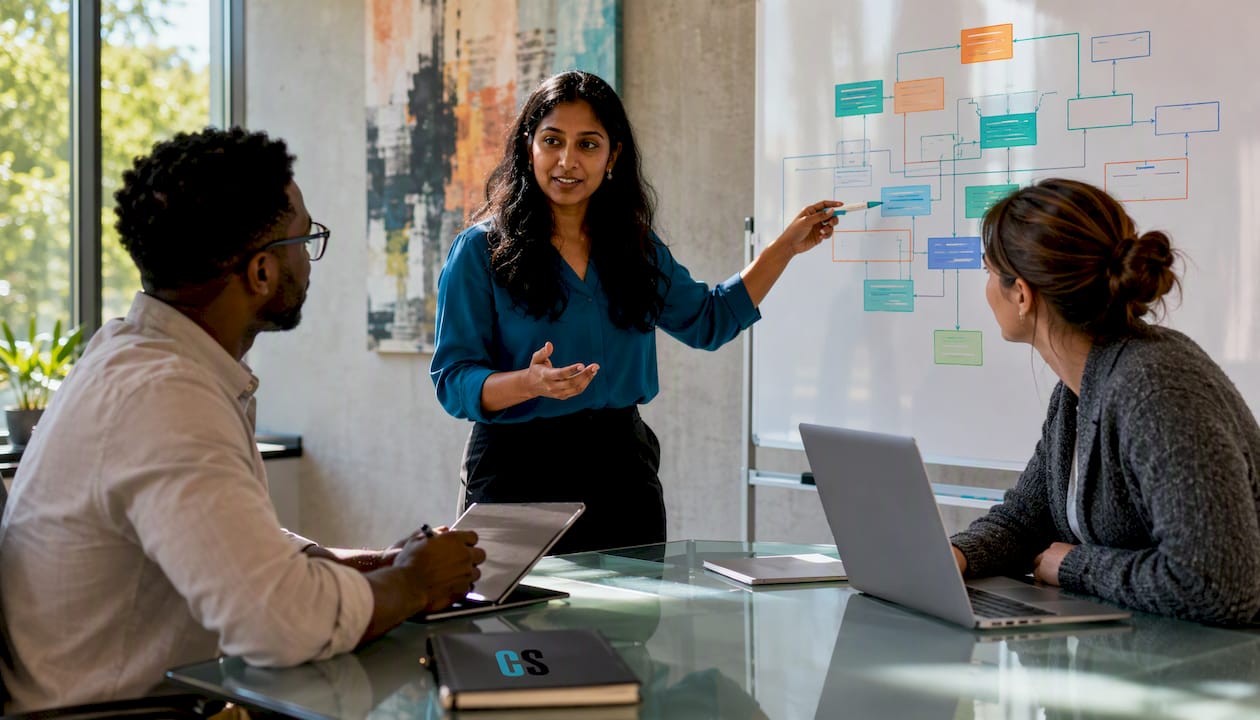 Diverse team collaborating on enterprise scheduling in meeting room
