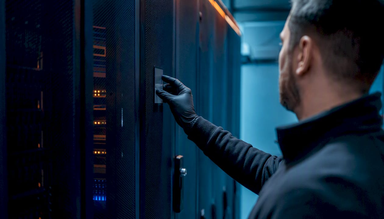 Hand inspecting security tag on server cabinet