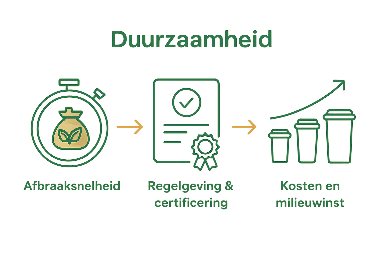 Infographic over afbraaksnelheid, certificering en kostenvoordeel van biologisch afbreekbare materialen
