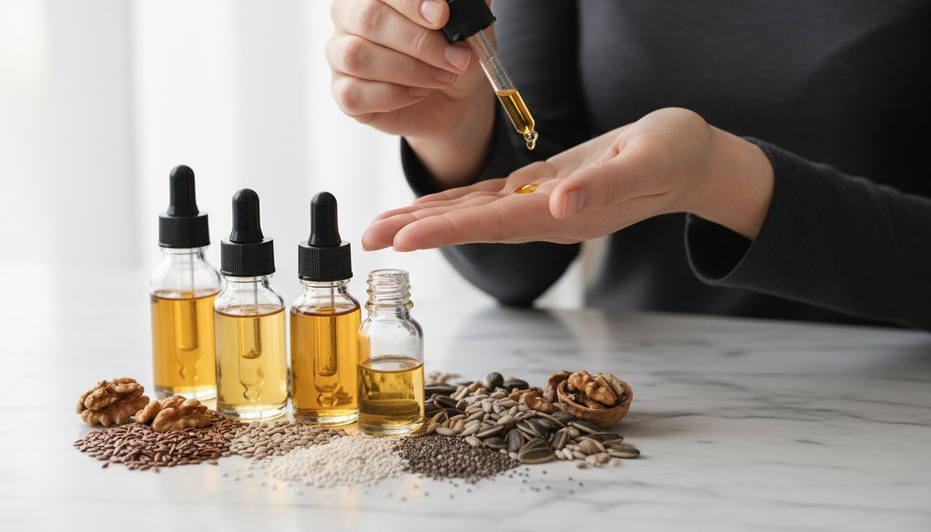 Oil bottles and omega-rich seeds for skin