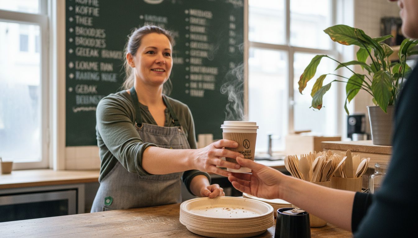 Een barista overhandigt een koffie to go in een bioplastic beker.