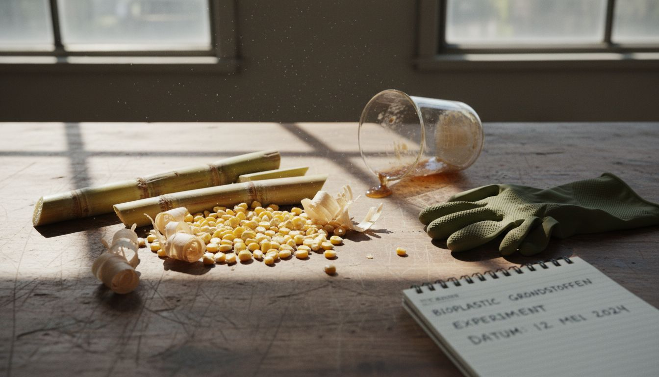 Op het lab liggen verschillende grondstoffen voor bioplastic uitgestald op tafel.