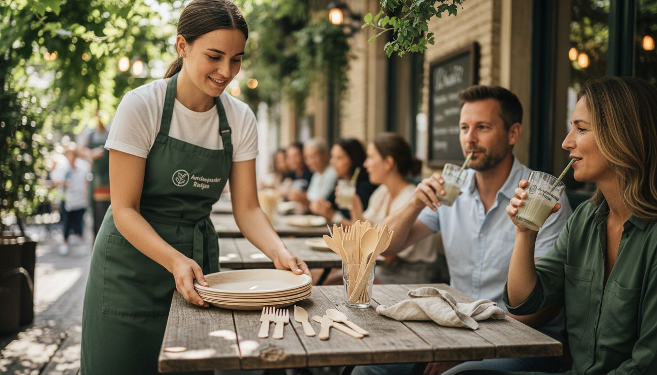 Een serveerster dekt de tafel met milieuvriendelijk wegwerpservies.