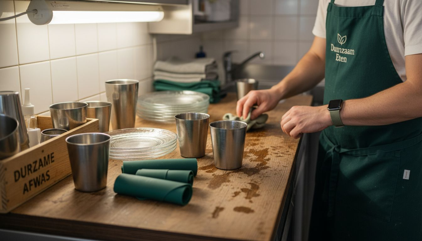 Op het aanrecht staan herbruikbare bekers en glazen klaar.