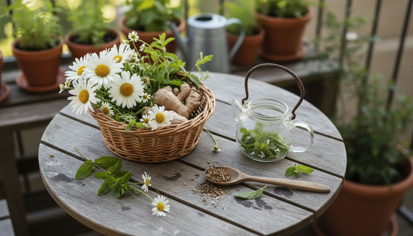 Een mandje met verse kruiden en een theepot sieren de houten balkontafel.