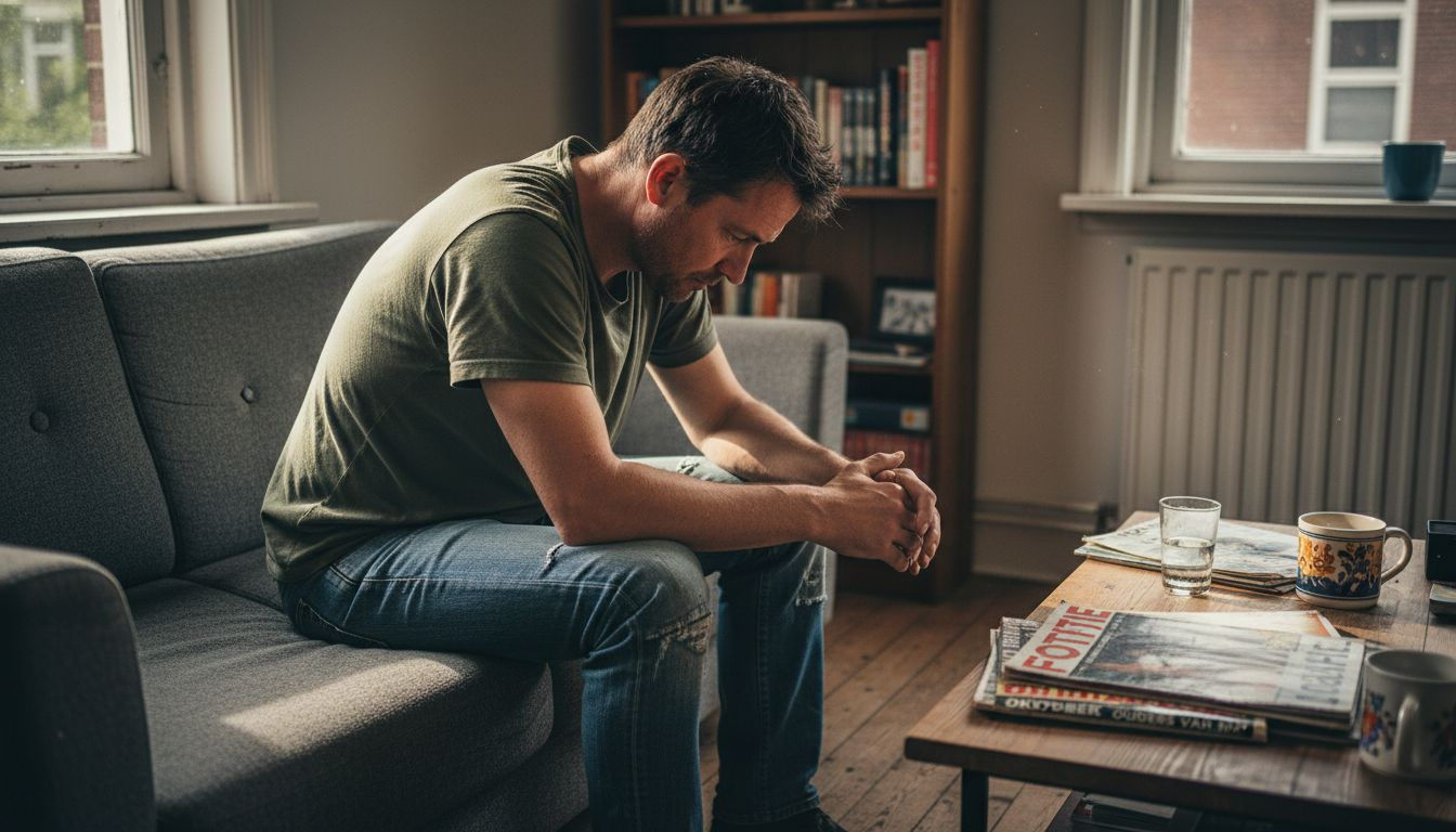 Een man zit gespannen op de bank in zijn woonkamer.