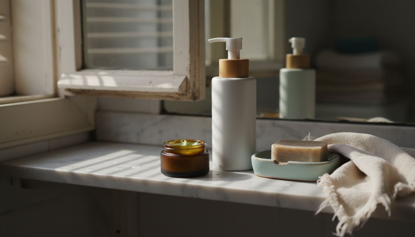 Een rijtje CBD-huidverzorgingsproducten op het plankje in de badkamer.