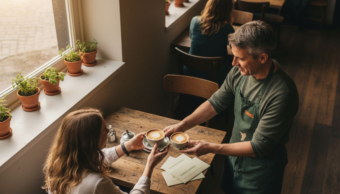 In het duurzame restaurant schenkt de barista met passie een heerlijke kop koffie.