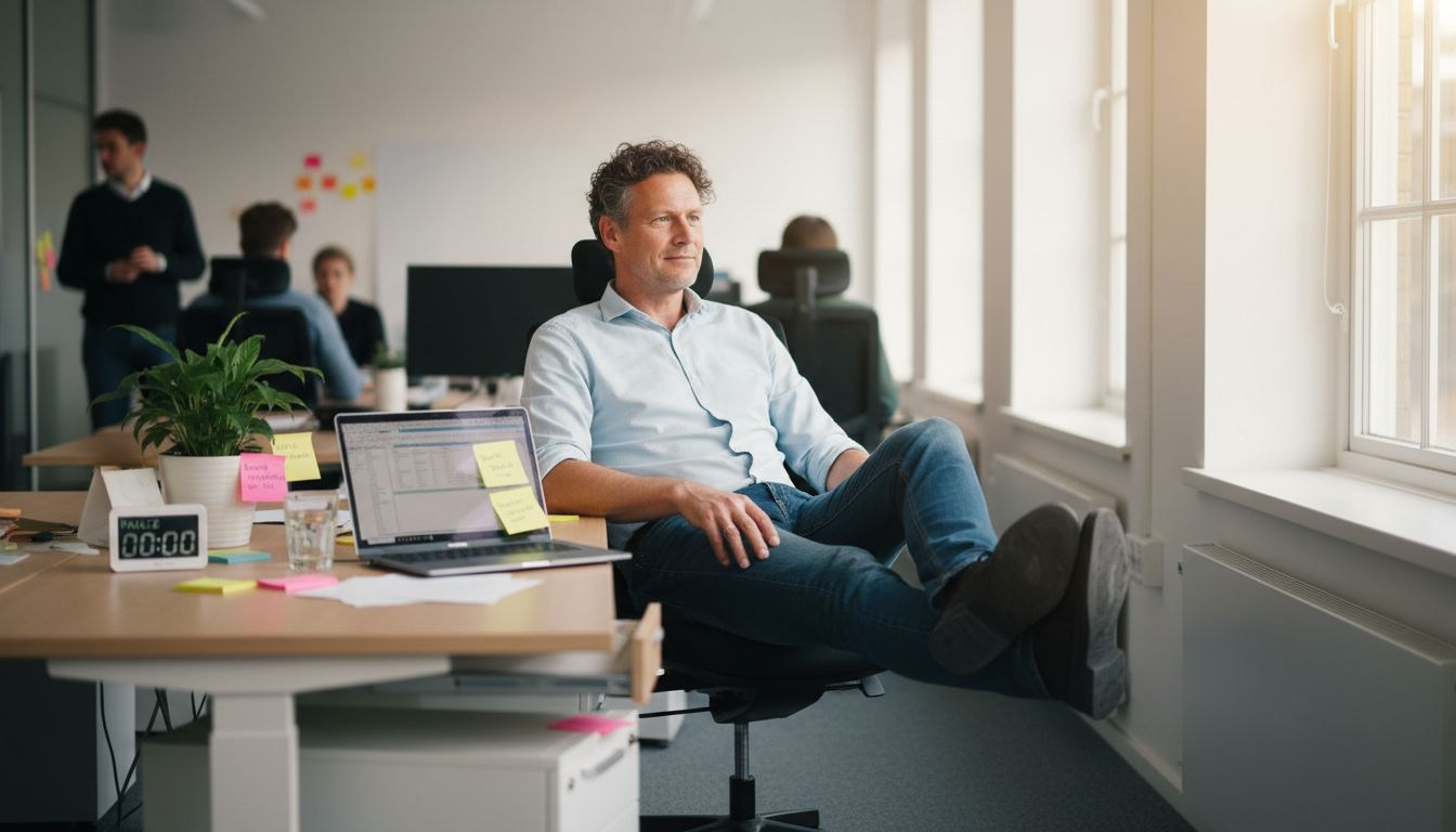 Een man neemt even een rustmoment in een open kantoor, omringd door groene planten.