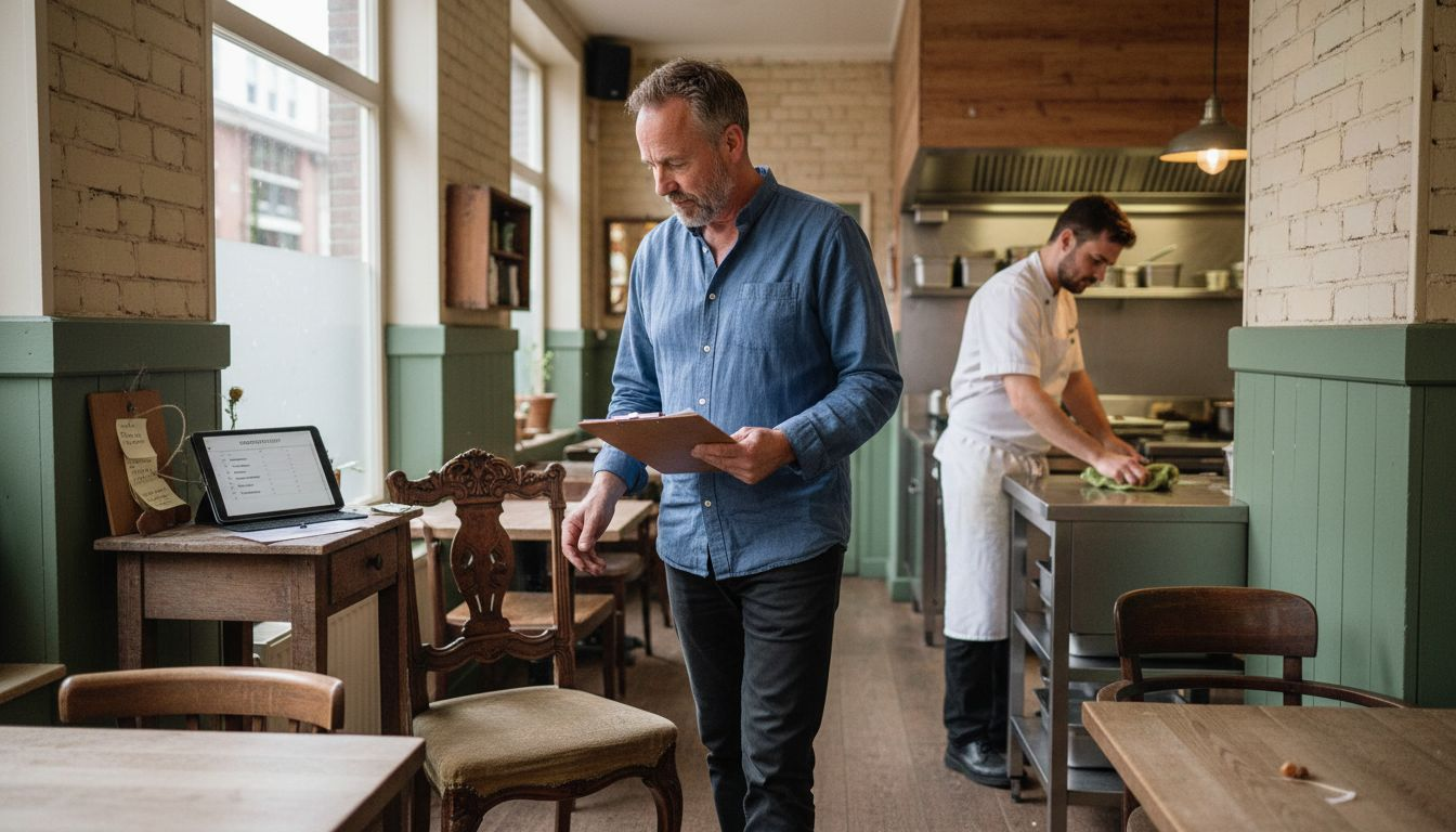 De horecaondernemer brengt zijn meubels en materialen in kaart.