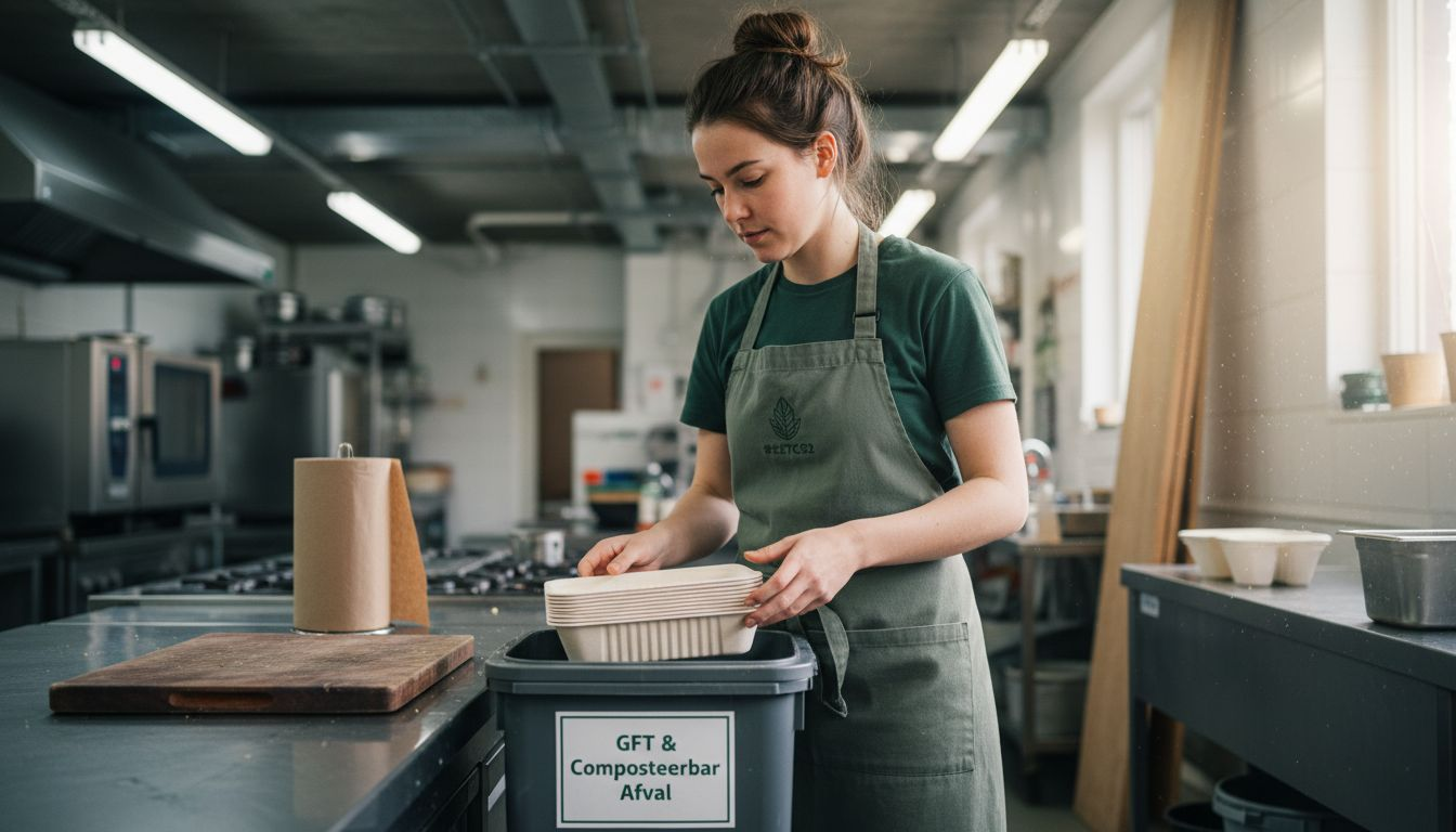 Een medewerker scheidt composteerbare bakjes in de bedrijfskantine.