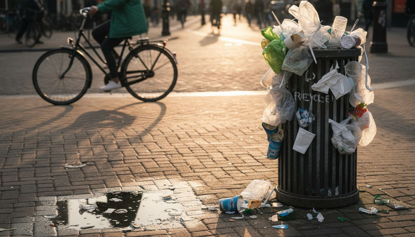 Een uitpuilende prullenbak vol plastic verpakkingen