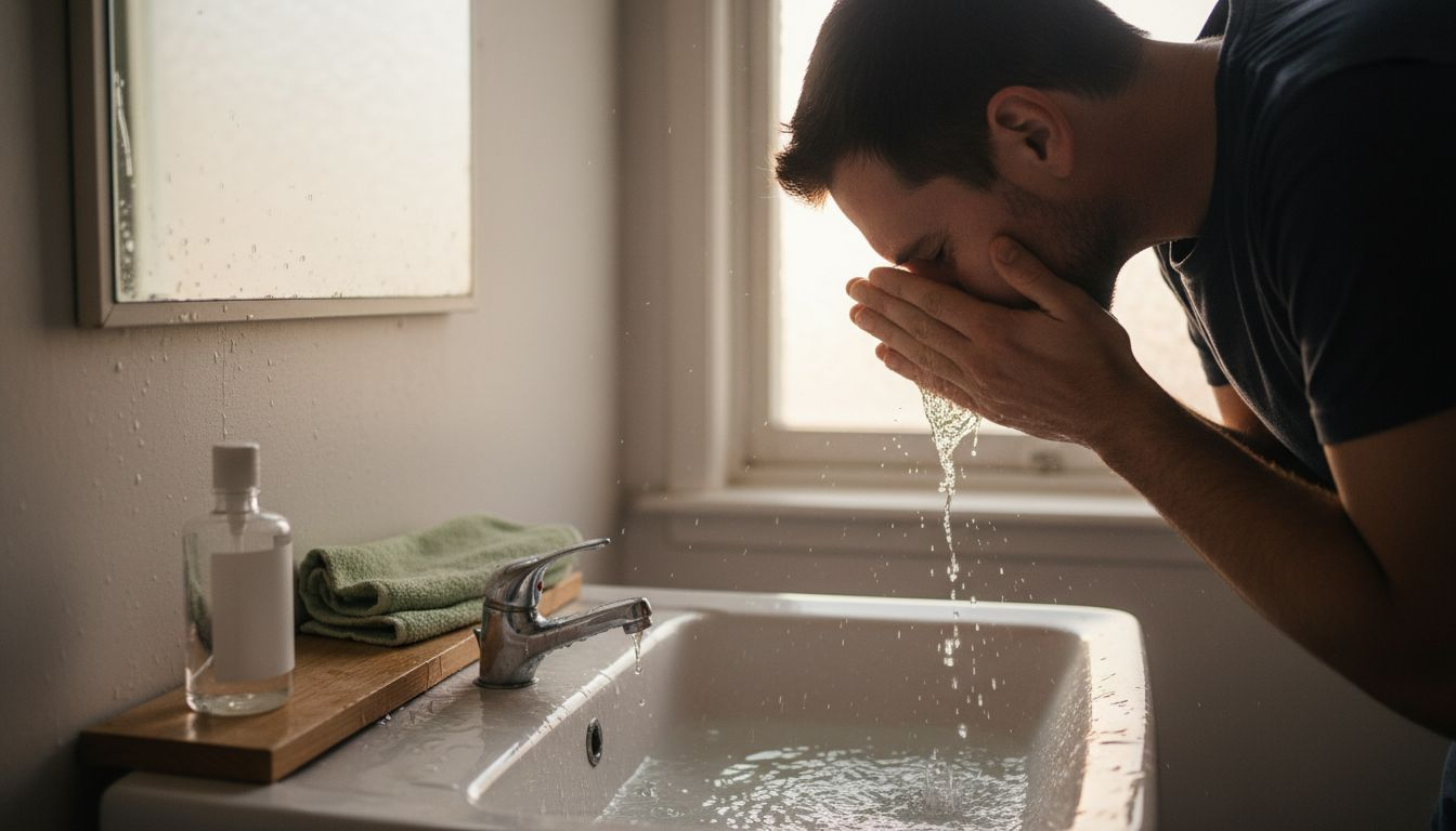 Een man wast ’s ochtends rustig zijn gezicht in de badkamer.