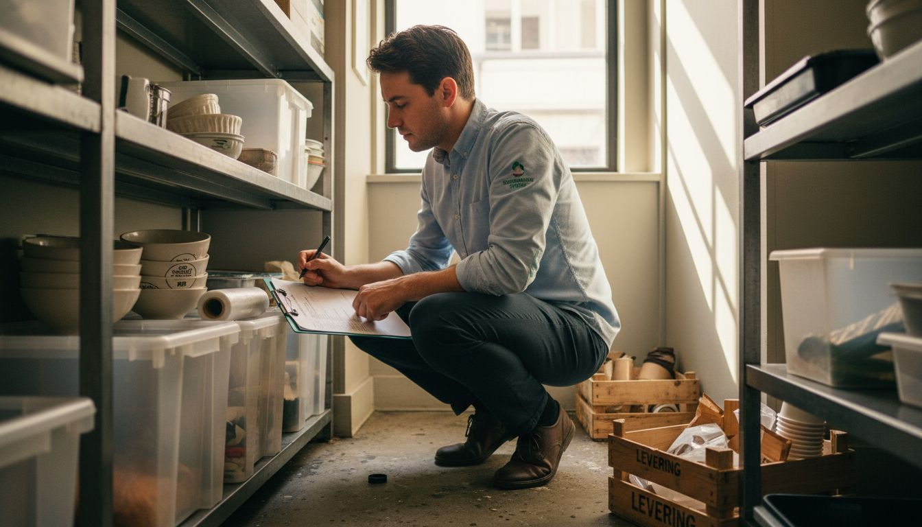 De manager zet alle plastic keukenartikelen op een rijtje.