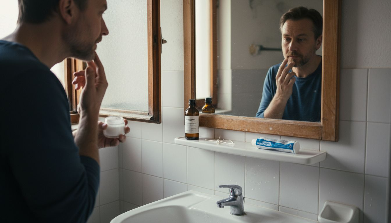 Een man smeert CBD-crème op zijn huid in de badkamer.
