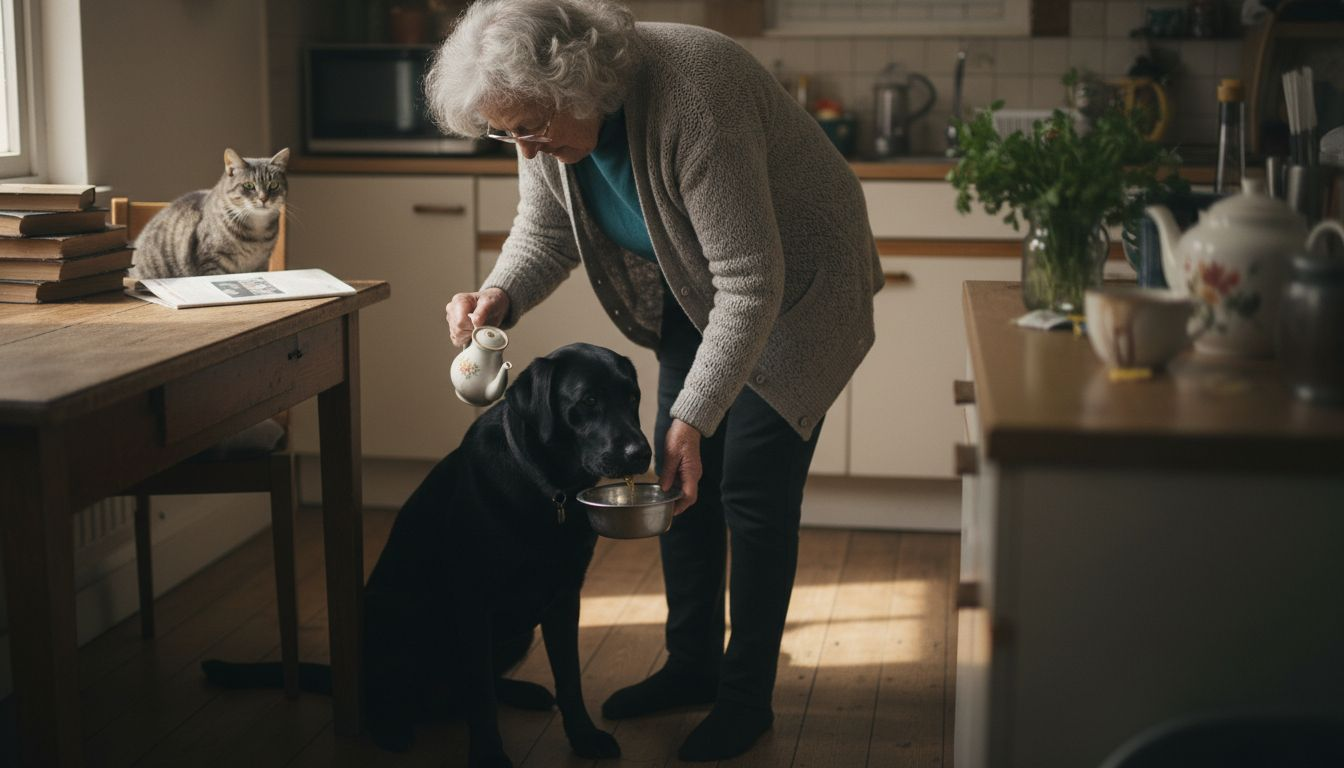 In de keuken strooit een vrouw wat kruiden over het eten van haar huisdier.