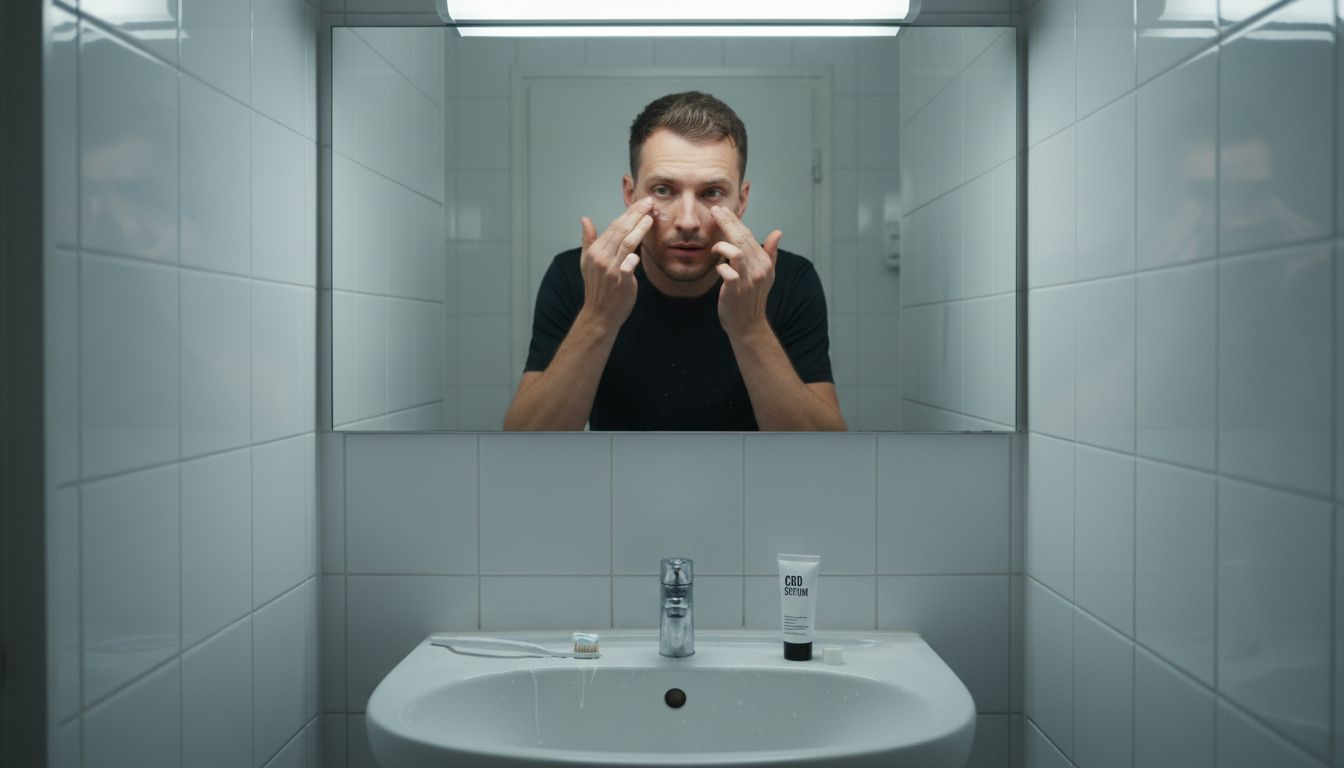 Een man brengt met zachte klopjes CBD-serum aan op zijn gezicht.