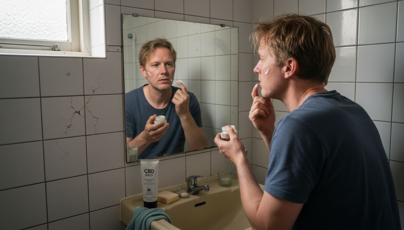 Man bekijkt huid zorgvuldig na het aanbrengen van CBD-zalf