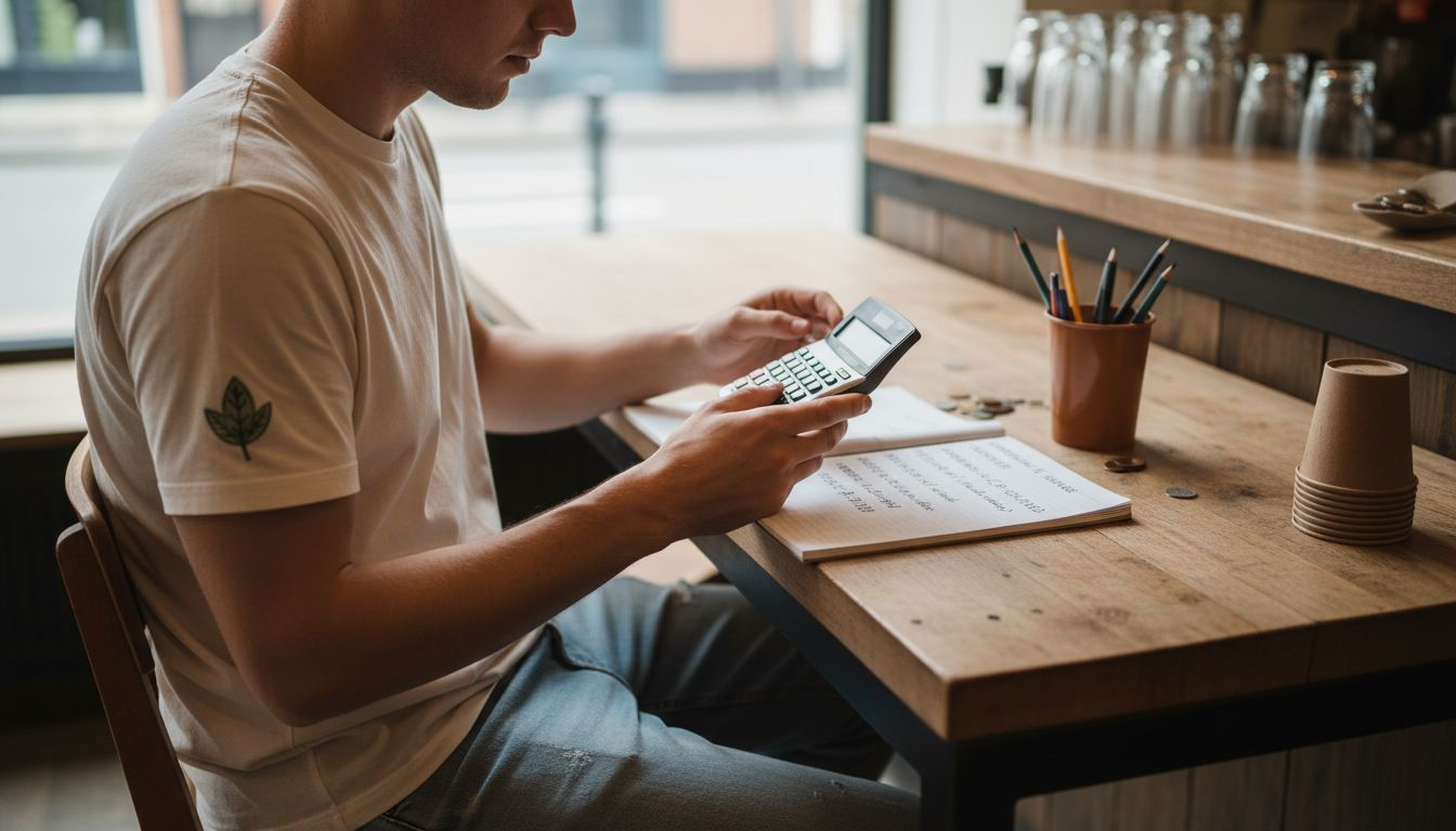 Horeca-ondernemer zet bekers en bijbehorende kosten naast elkaar