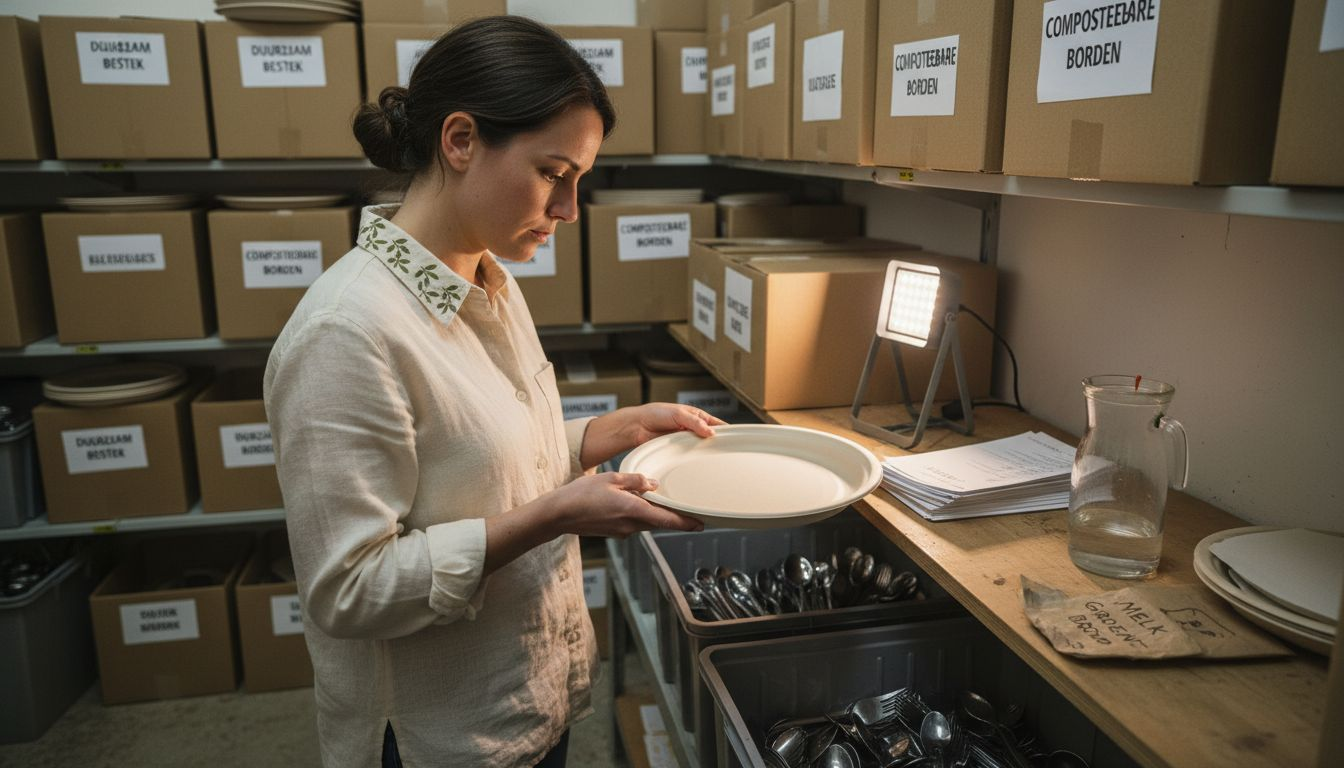 Een manager verdiept zich in duurzame horecamaterialen die biologisch afbreekbaar zijn.
