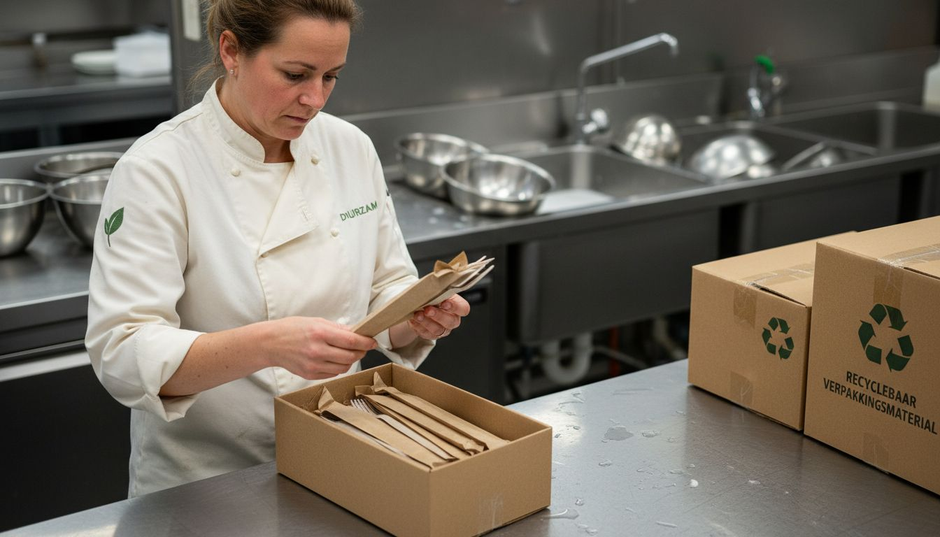 De chef controleert of er plastic verpakkingen zijn achtergebleven bij het keukengerei.