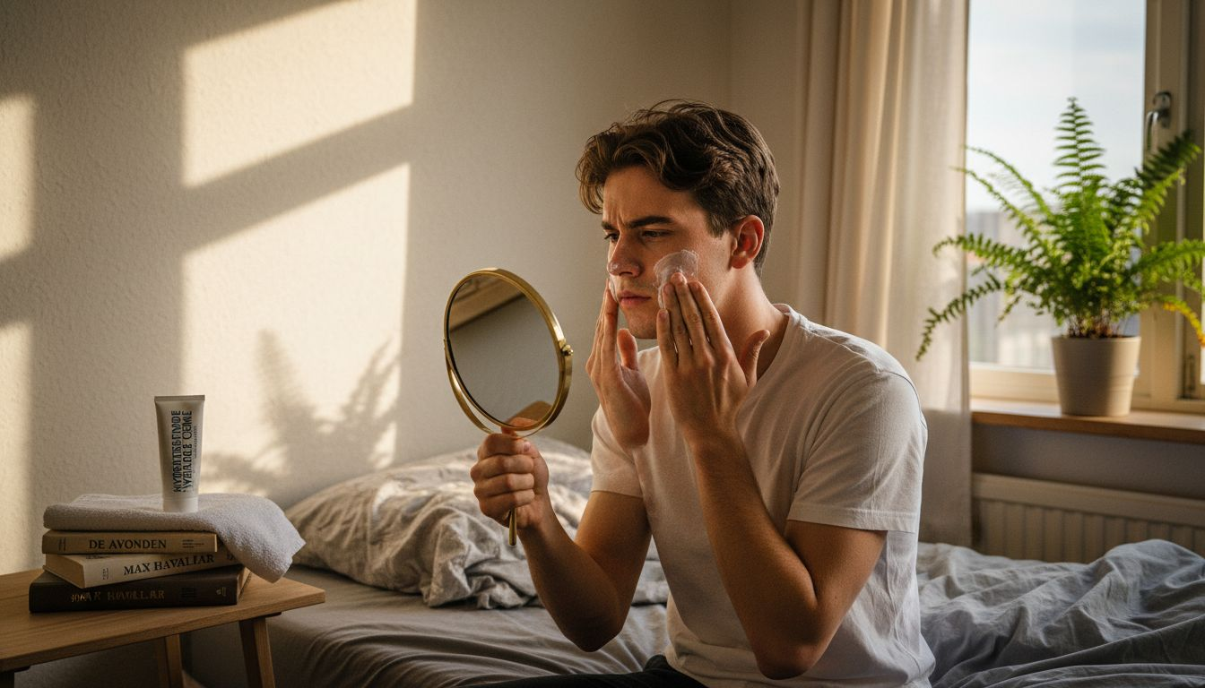 Man brengt hydraterende crème aan op zijn gezicht in een eenvoudig ingerichte slaapkamer.