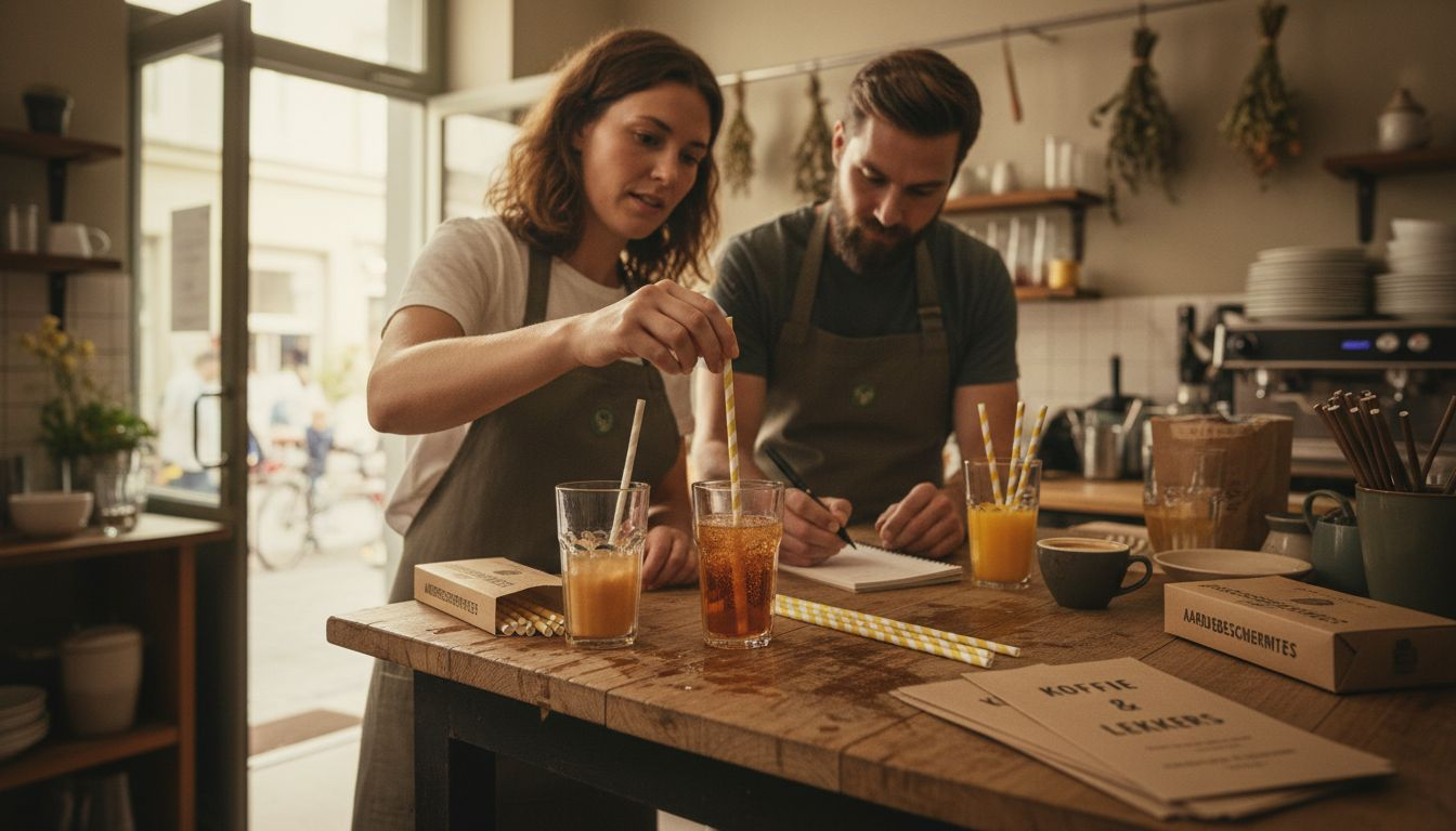 Horecapersoneel probeert papieren rietjes uit