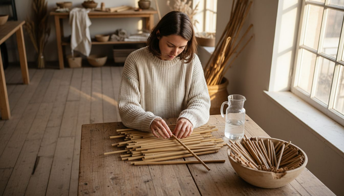 Een vrouw verdiept zich in diverse milieuvriendelijke materialen.