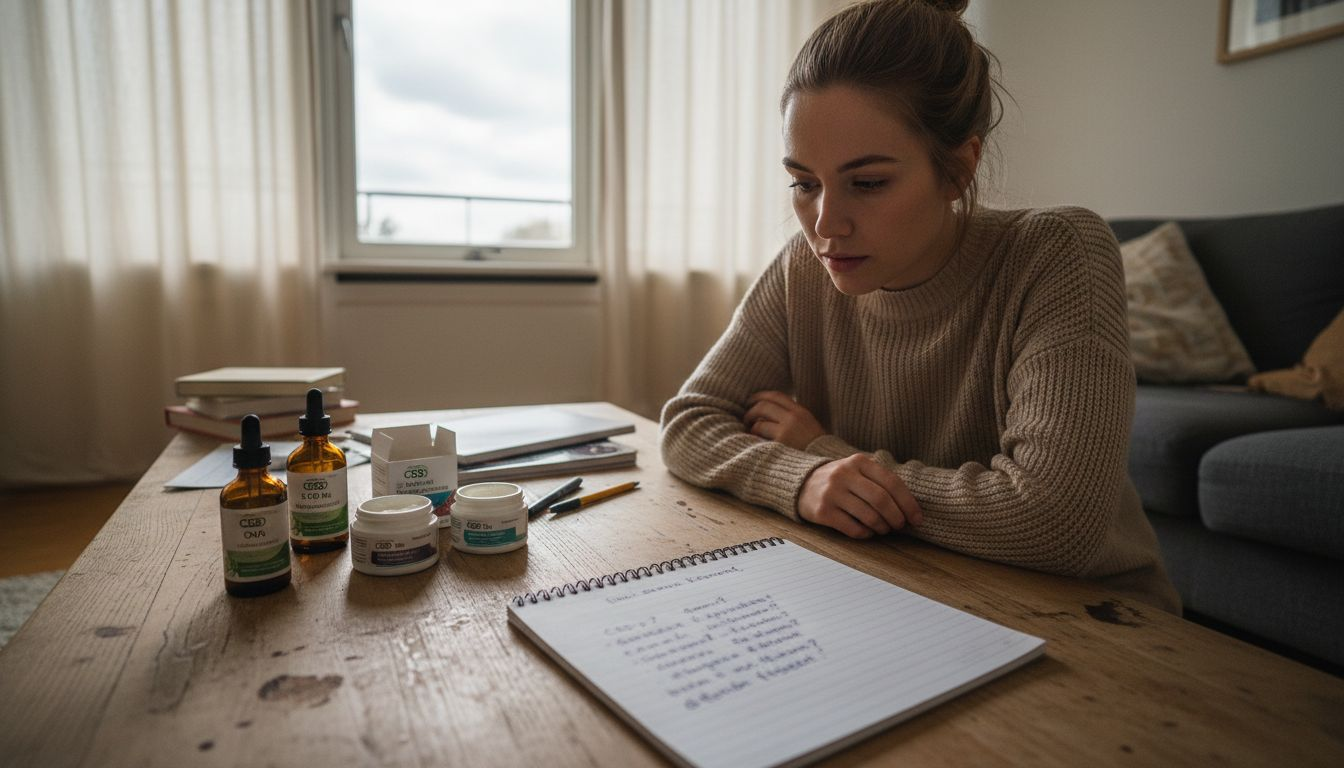Een vrouw bekijkt en vergelijkt diverse CBD-producten om te ontdekken welke het beste bij haar past.