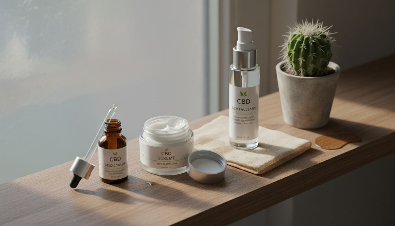 Verschillende CBD-gezichtsverzorgingsproducten uitgestald op een houten plank