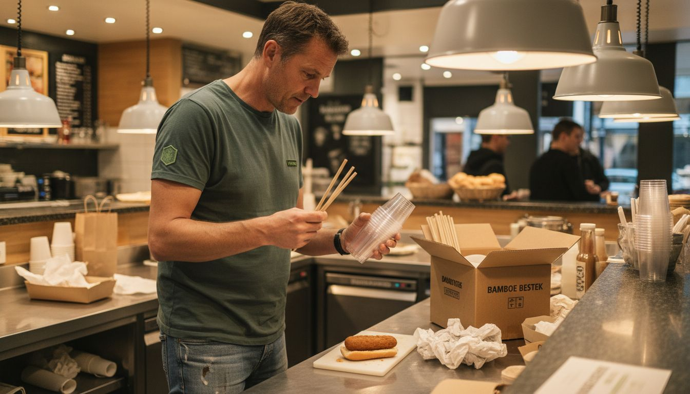 Een barman die verschillende milieuvriendelijke wegwerpopties met elkaar vergelijkt.