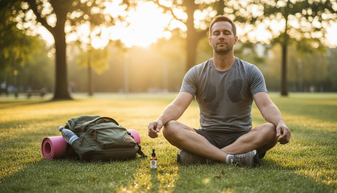 Man zit buiten te mediteren met een flesje CBD naast zich