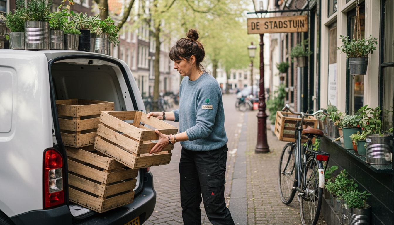 Een bezorgster haalt herbruikbare kratten uit haar elektrische bestelbus.