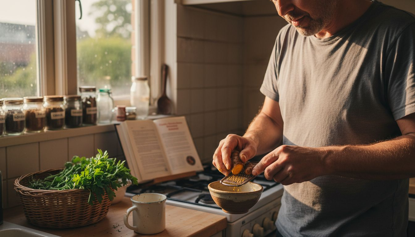 In de keuken staat een man gember en kurkuma te raspen.