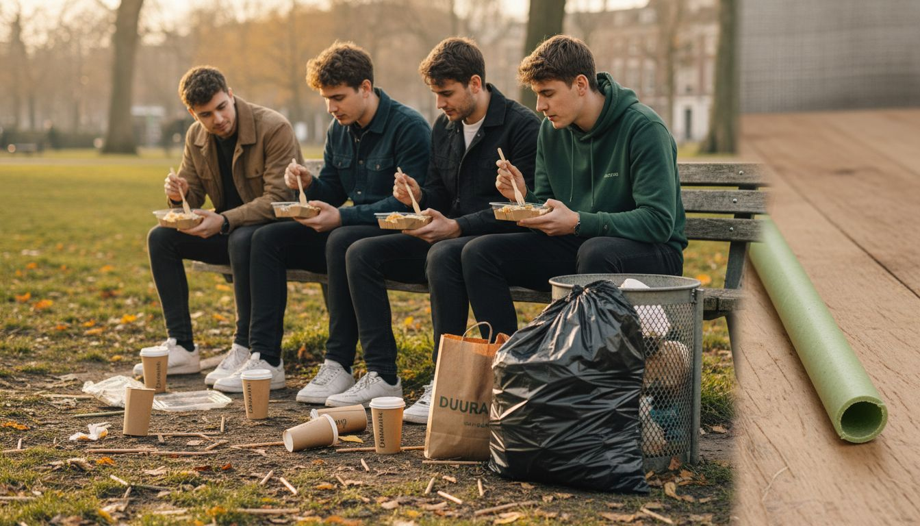 In het stadspark ligt overal plastic afval, vooral op plekken waar jongeren samenkomen.