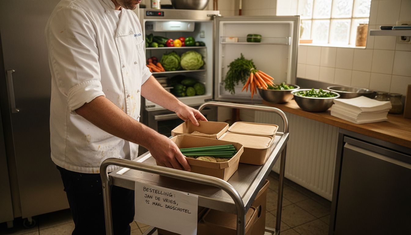 De chef zorgt ervoor dat alle bezorgmaaltijden in milieuvriendelijke verpakkingen worden geleverd.